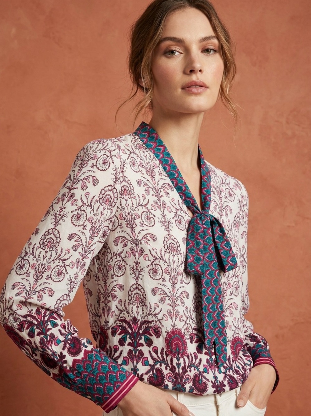 Talbots White Floral Tie-Neck Blouse with Teal Accents